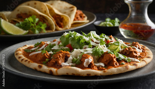 A modern twist on traditional butter chicken by capturing a fusion dish like butter chicken pizza or butter chicken tacos and showcase the innovative combination of flavors and textures that redefine 