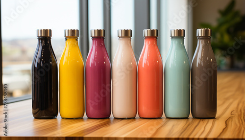A collection of colorful glass bottles filled with fresh drinks generated by AI