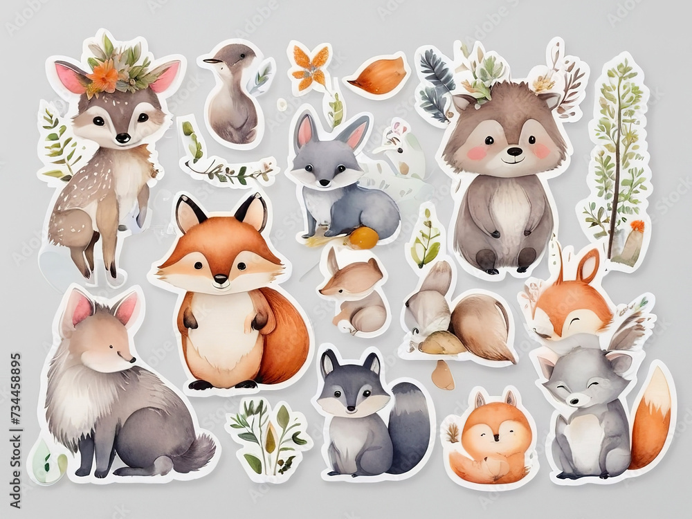 Squirrel cartoon stickers, cute forest animals Watercolor with border, on a gray background.