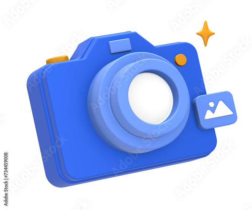 3D rendering of blue yellow multimedia content creation with digital camera image or photo side for UI UX web mobile apps social media ads design