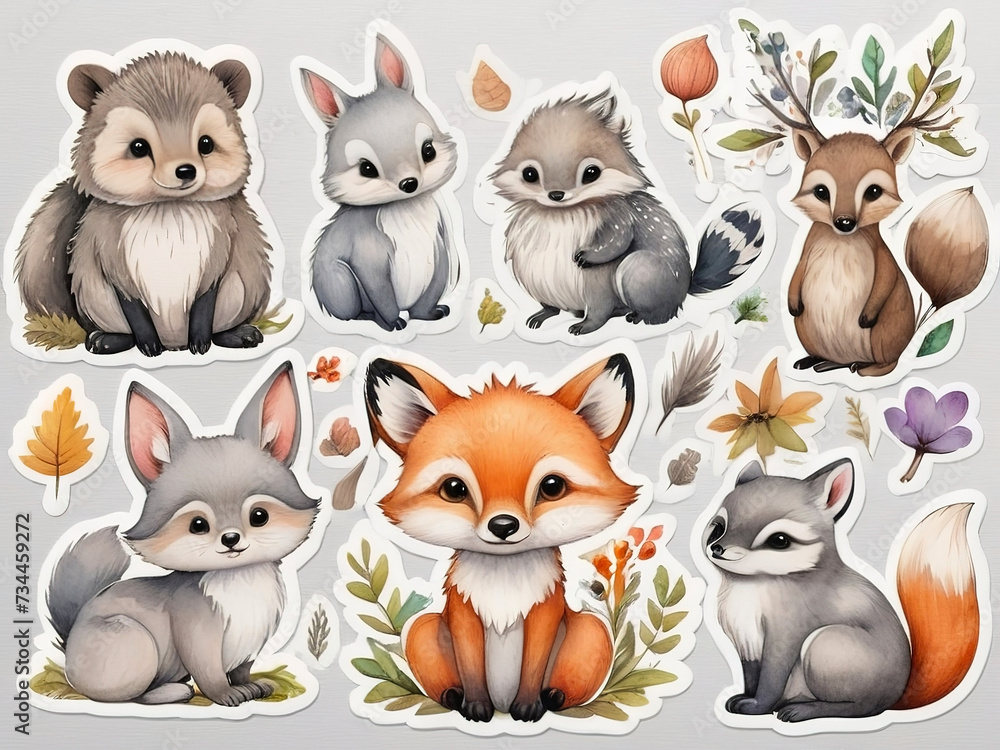 Cute cartoon stickers of animals in the forest, watercolor, on a gray background with borders.