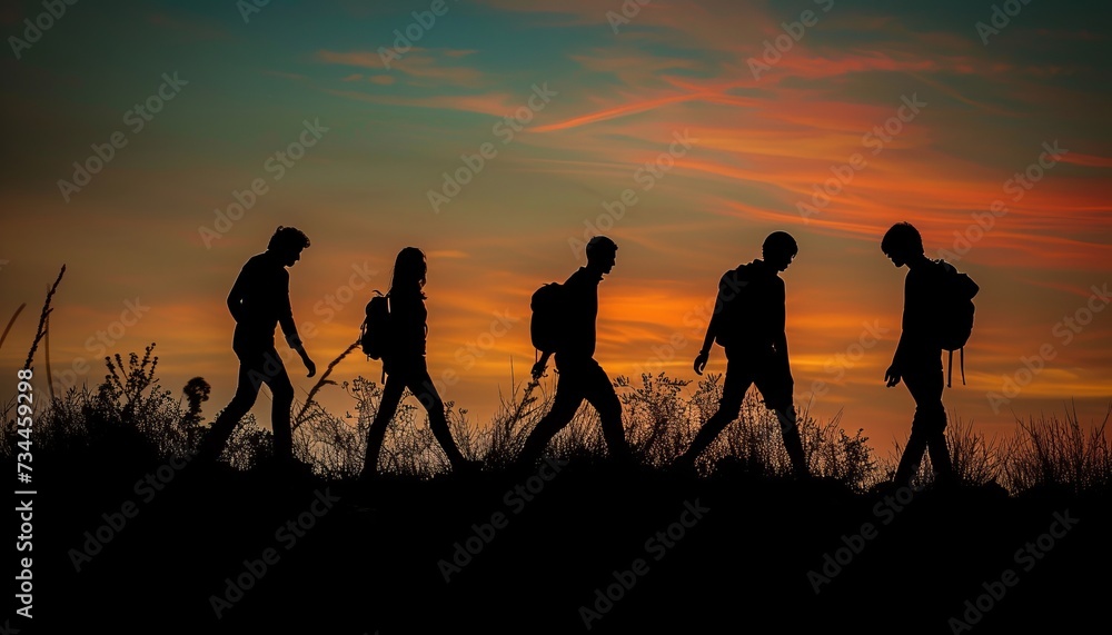 Journey Together - Silhouette of Four Individuals Walking, A Tale of Unity and Friendship