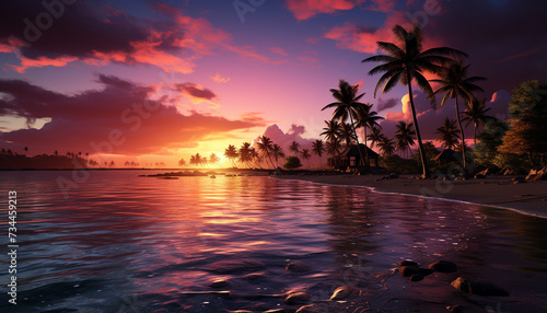 Tropical sunset, tranquil beach, palm trees, reflecting beauty in nature generated by AI