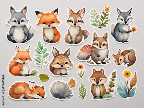 Watercolor cute cartoon stickers. Animals in the forest, on a gray background with border.