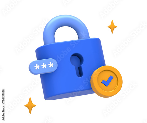 3D rendering of blue yellow private security password with padlock side for UI UX web mobile apps social media ads design photo