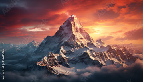 Majestic mountain peak, nature beauty, sky panoramic sunset generated by AI