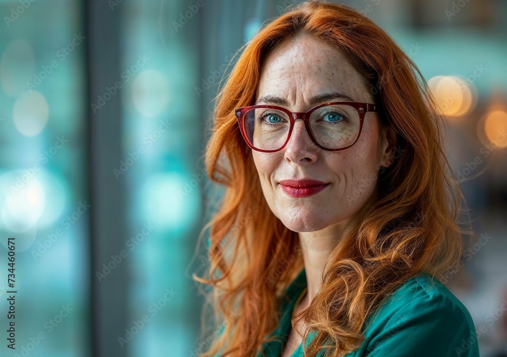 Photorealistic ai artwork portrait of a woman with glasses and red or orange hair. Generative ai. Photorealistic ai artwork portrait of a woman with glasses and red or orange hair. Generative ai.