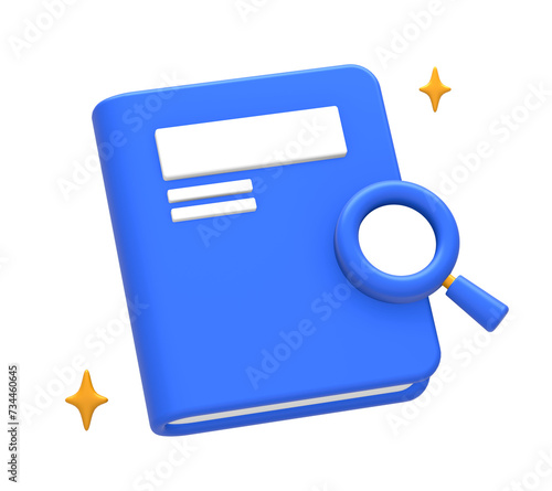 3D rendering of blue yellow searching or finding information online with book and magnifying glass for UI UX web mobile apps social media ads design