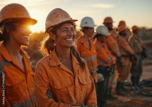 Photorealistic ai artwork of a group of smiling women from diverse backgrounds and cultures working in a mining environment. Genartive ai.