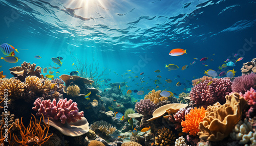 Underwater reef, fish, nature, coral, tropical climate, water, multi colored generated by AI