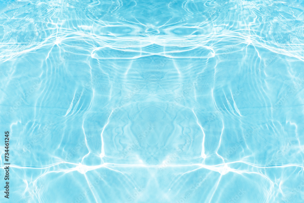 Obraz premium Water surface. Bluewater waves on the surface ripples blurred. Defocus blurred transparent blue colored clear calm water surface texture with splash and bubbles. Water waves with shining pattern.