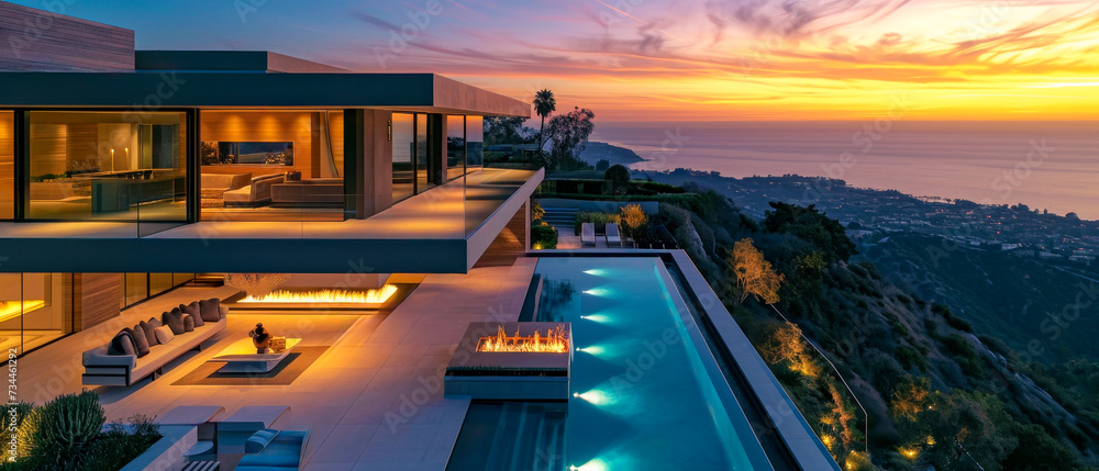 contemporary home, infinity pool, sunset view, modern architecture, luxury living, ocean view, fire feature, sleek design, modern villa, coastal living, upscale property, sunset ocean view, elegant 