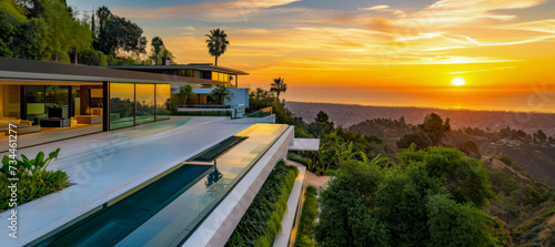 Fényképezés Luxurious modern villa with an infinity pool on a hillside offering a stunning sunset view over a vast landscape