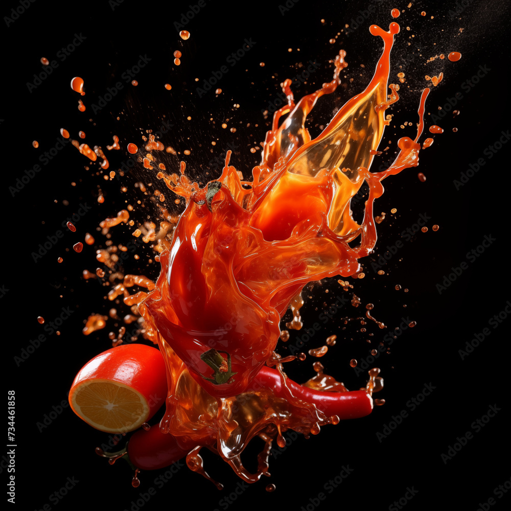 hot sauce splash on black background