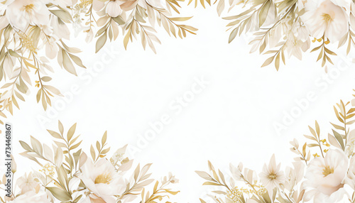 Watercolor frame and bouquet with dried leaves and tropical flowers illustration, invitation card