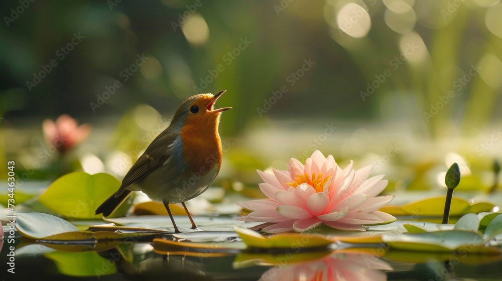 A robin sings happily in an English garden. Beautiful lighting with beautiful water lilies. A robin sings happily in an English garden. Beautiful lighting with beautiful water lilies.