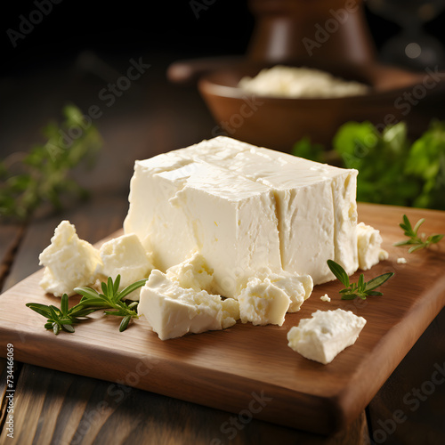 Close-up of Fresh Crumbled Feta Cheese on A Rustic Wooden Board – Authentic Mediterranean Cuisine