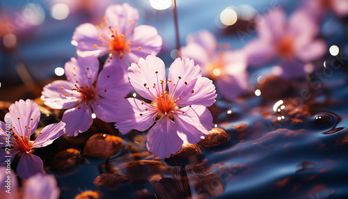 A vibrant bouquet of flowers reflects in tranquil pond water generated by AI