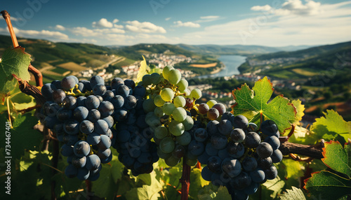 Ripe grape bunches in vineyard, nature winemaking harvest generated by AI