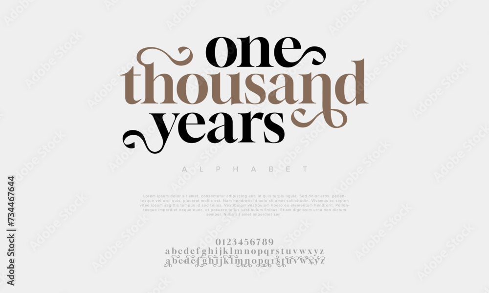 Onethousandyears premium luxury elegant alphabet letters and numbers. Elegant wedding typography classic serif font decorative vintage retro. Creative vector illustration Onethousandyears premium luxury elegant alphabet letters and numbers. Elegant wedding typography classic serif font decorative vintage retro. Creative vector illustration