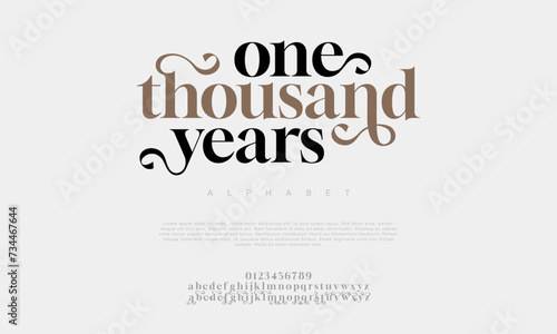Onethousandyears premium luxury elegant alphabet letters and numbers. Elegant wedding typography classic serif font decorative vintage retro. Creative vector illustration