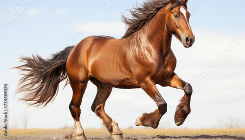 Running stallion in meadow  mane flowing  embodying freedom and beauty generated by AI