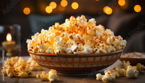 Freshness and sweetness in a bowl of caramel popcorn generated by AI