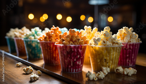 Refreshing gourmet snack on table, watching movie theater performance generated by AI