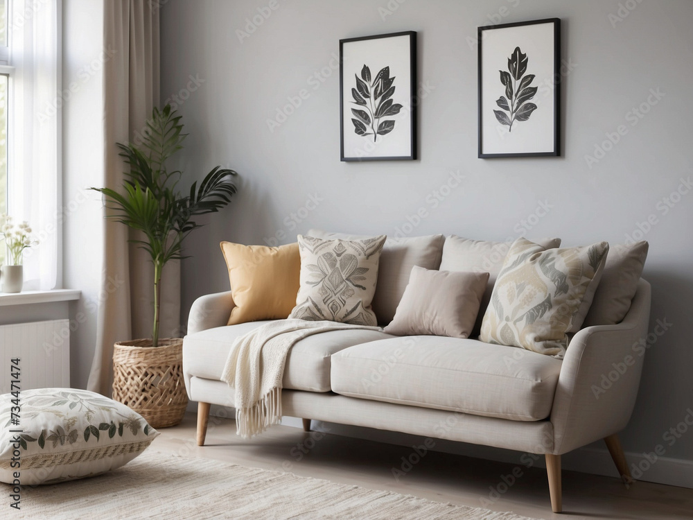 Fototapeta premium Beige scandinavian settee with patterned pillows in stylish living room interior