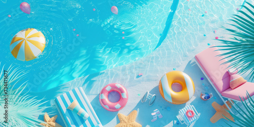 Top view Vibrant illustration swimming pool and elements of a sunny beach vacation