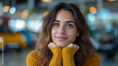 Contemplative Brazilian Beauty Ponders Automobiles, Lost in Thoughtful Reflection