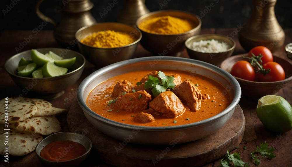 Photos that tell the story of the ingredients used in butter chicken, from vibrant spices like turmeric and garam masala to creamy butter, ripe tomatoes, and succulent chicken on a traditional plate 