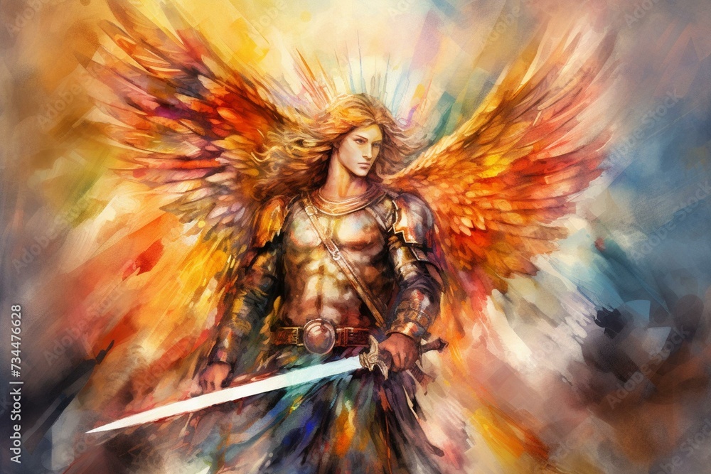 A digital watercolor artwork of Archangel Michael with praying souls in ...