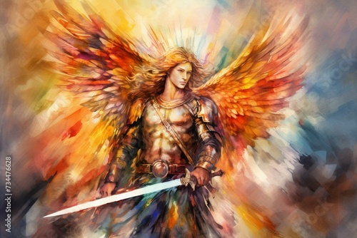 A digital watercolor artwork of Archangel Michael with praying souls in heaven, featuring a spiritual and faith-filled concept with colorful holy light. Generative AI photo