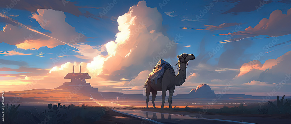 Naklejka premium a camel standing on the road in the desert