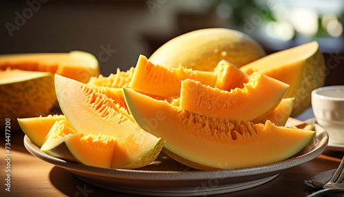 Freshness on table melon, fruit, slice, healthy eating, gourmet, organic, snack, meal, dessert generated by AI photo