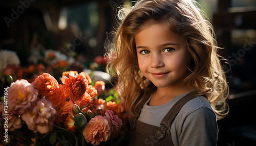 Smiling girl holds flower, radiating happiness in nature beauty generated by AI