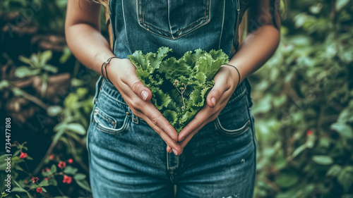 A woman in denim overalls gently cradles a bunch of kale, forming a heart shape, symbolizing love for healthy eating and gardening.