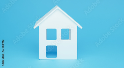 Blue house icon with 3D model and symbol of residential property, representing real estate, construction, and housing