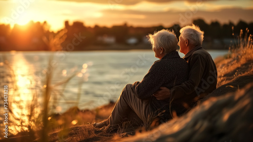 An elderly couple sits close together, embracing as they watch a serene sunset over the calm waters of a lake.