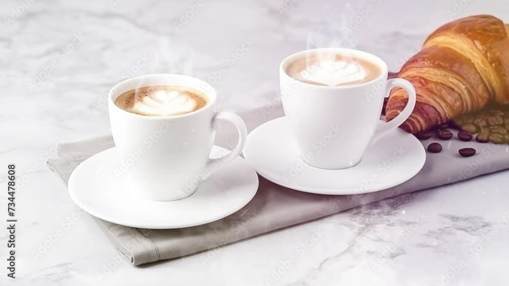white cups of coffee and croissants on light gray background. seamless looping overlay 4k virtual video animation background white cups of coffee and croissants on light gray background. seamless looping overlay 4k virtual video animation background