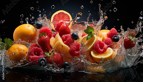 Freshness splashing  sweet berry dessert  refreshing citrus drink  healthy eating generated by AI