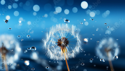 Fluffy dandelion seed flying in blue meadow  nature fragility generated by AI