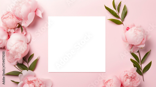 Fototapeta Naklejka Na Ścianę i Meble -  blank paper sheet on a pink background in a minimalist modern style composition with pink peonies flowers. mockup template, Flat lay. Valentine's Day and Mother's Day