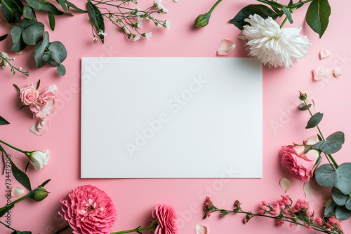 top view blank card mock up, with white and pink organic peonies flowers, Blooming floral on pink background. for invitation or greeting card