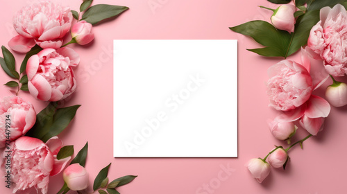 blank paper sheet on a pink background in a minimalist modern style composition with pink peonies flowers. mockup template, Flat lay. Valentine's Day and Mother's Day