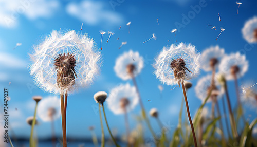 Fluffy dandelion seed flying in blue summer sky generated by AI