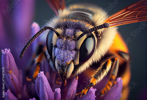 close up of a bee on a lavender flower. Generative AI