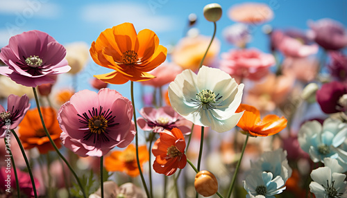 Vibrant flowers bloom, showcasing nature beauty in a meadow generated by AI