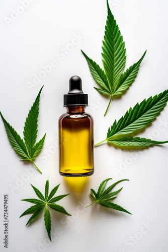 CBD oil bottle and cannabis leaves, versatile for medicine, cosmetics and treatments on white isolated background, top view with text space